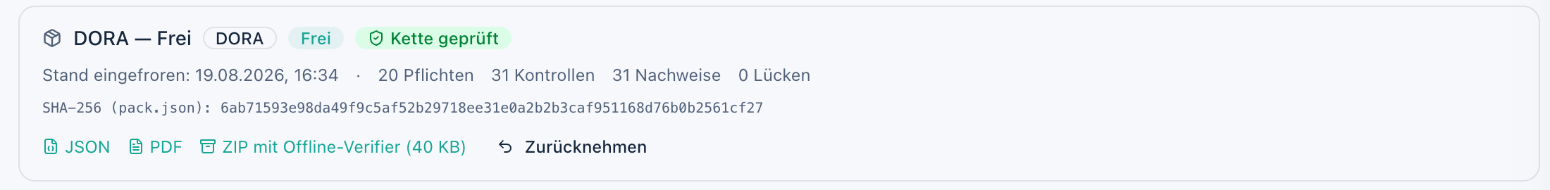 Generated audit package with verified chain, SHA-256 over pack.json and offline verifier