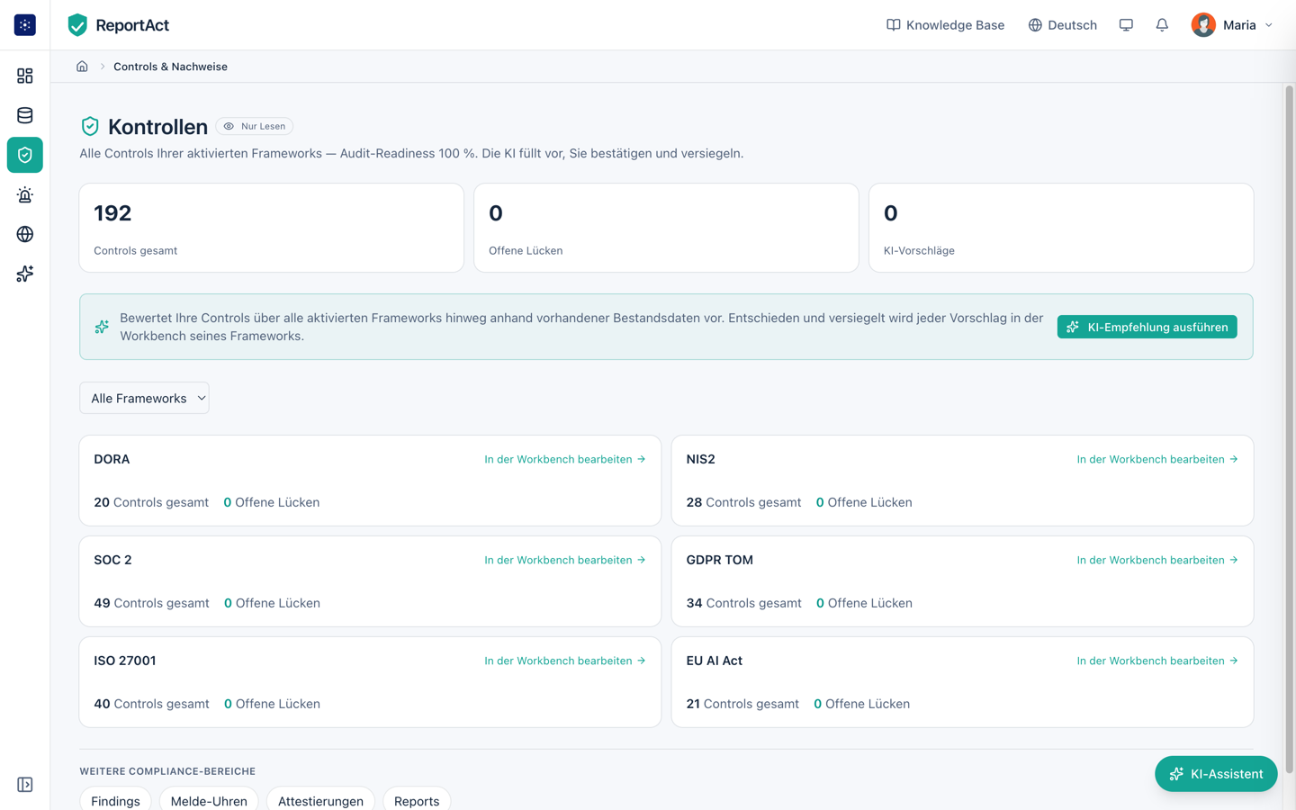 Kontrollkatalog über alle Frameworks inklusive SOC 2 TSC in ReportAct