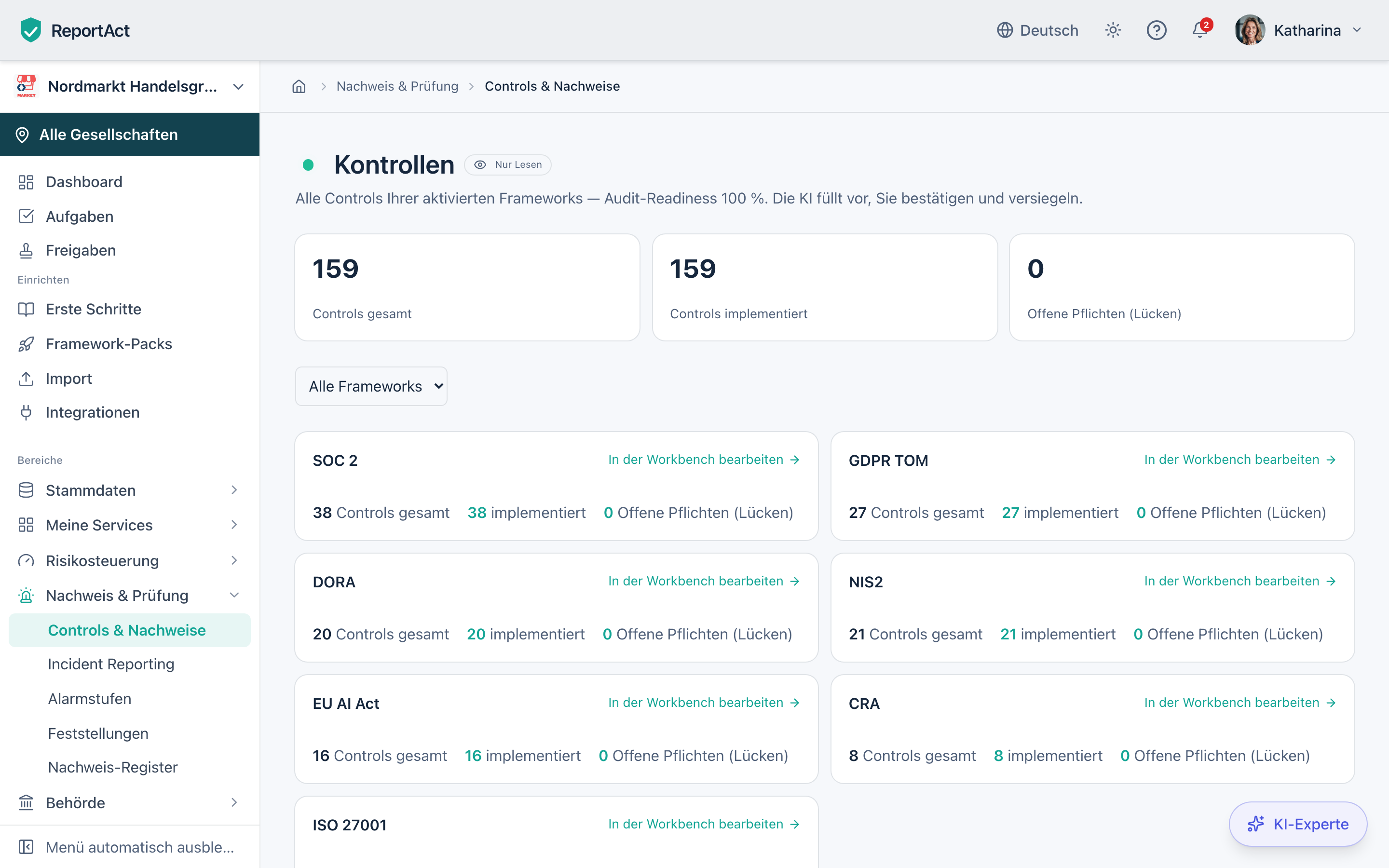 Kontroll-Übersicht mit Audit-Readiness je Framework in ReportAct
