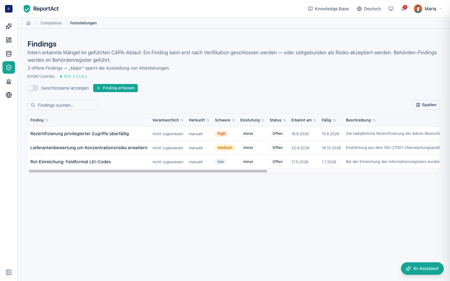 Findings mit CAPA-Ablauf in ReportAct