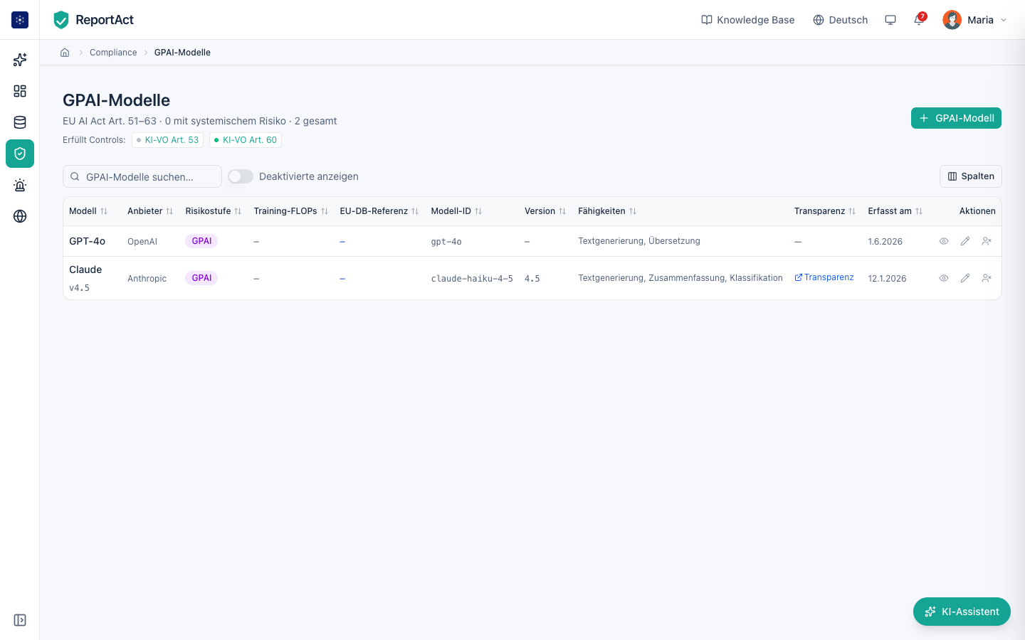 GPAI-Modellregister mit Risikostufe und EU-Datenbank-Referenz in ReportAct