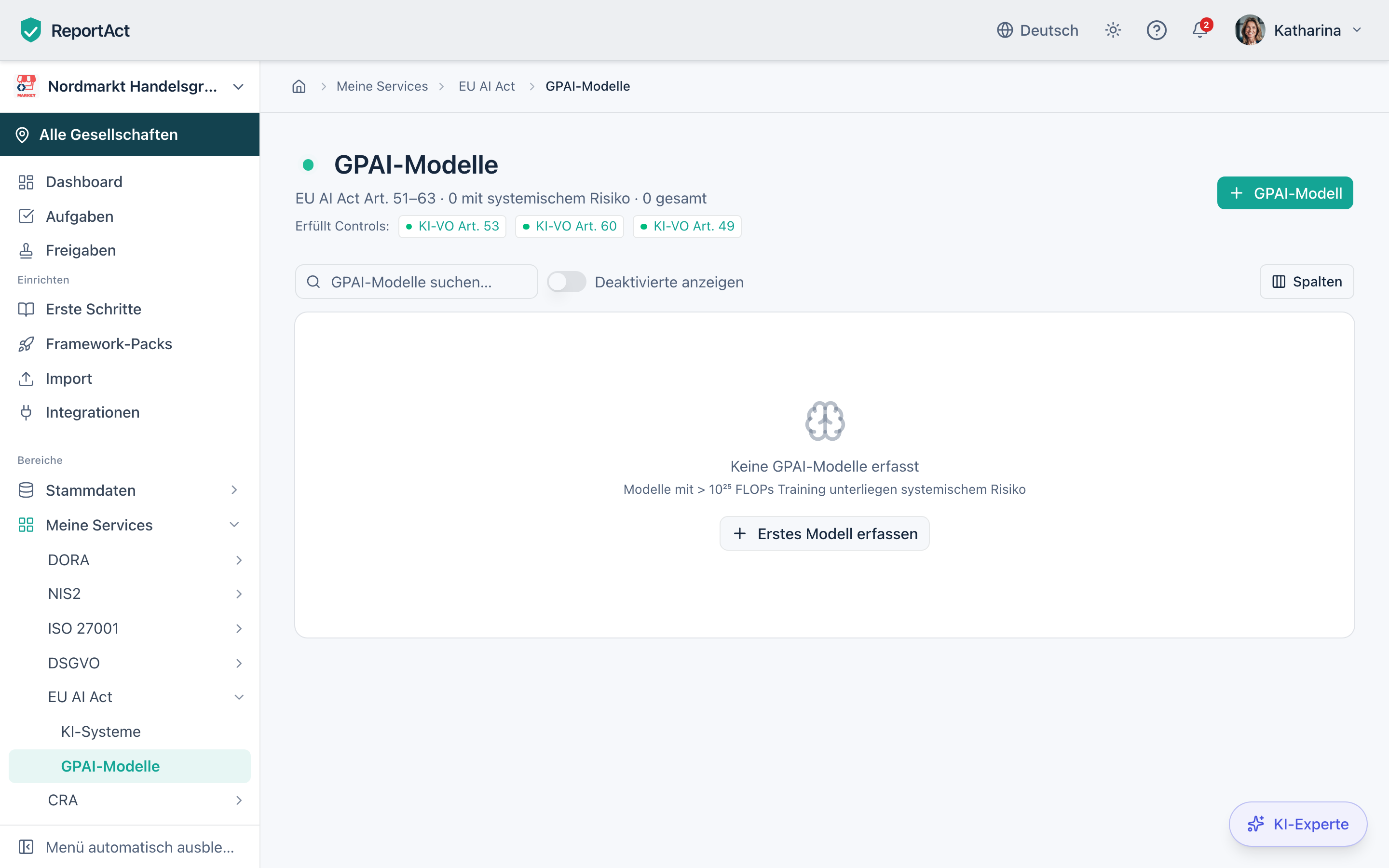 GPAI-Modellregister mit Risikostufe und EU-Datenbank-Referenz in ReportAct