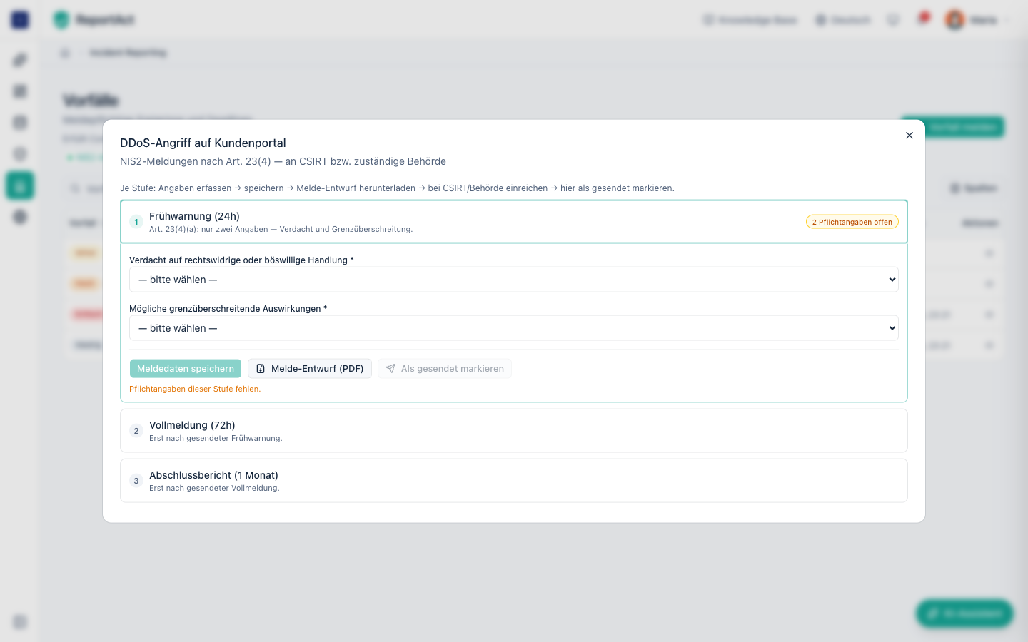 Meldeworkflow mit Melde-Entwurf je Meldestufe in ReportAct
