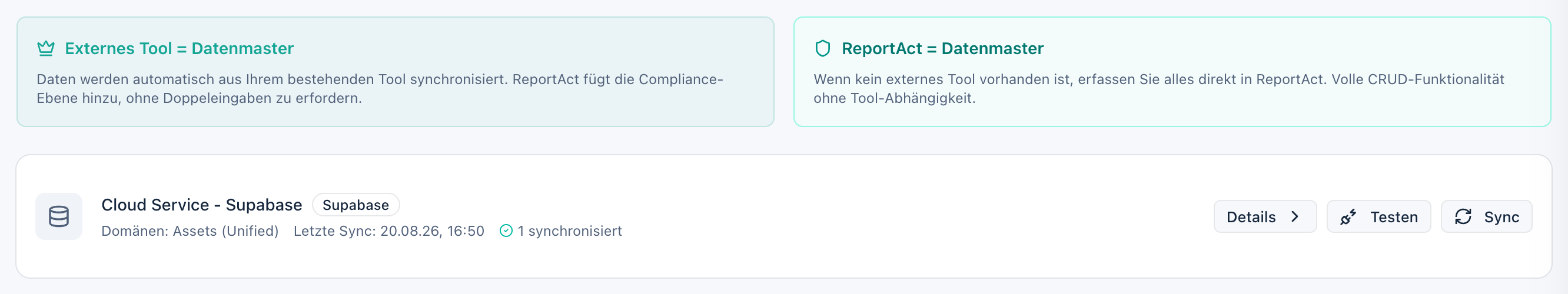 Integrations: data master per domain, connected system with last sync