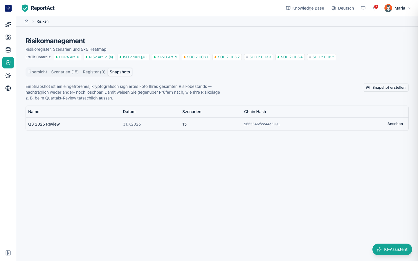 Kryptografisch signierter Risiko-Snapshot in ReportAct