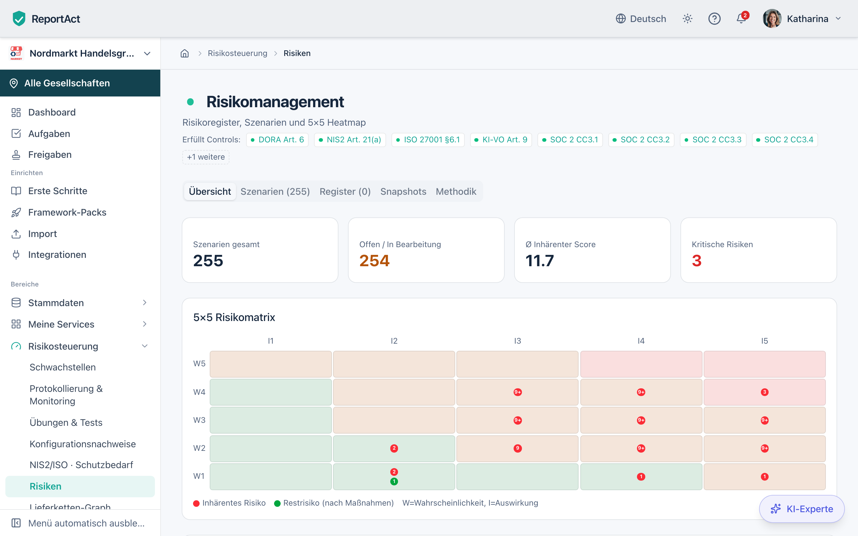 Risikoregister mit 5×5-Heatmap und KI-bewertetem Lieferantenrisiko in ReportAct
