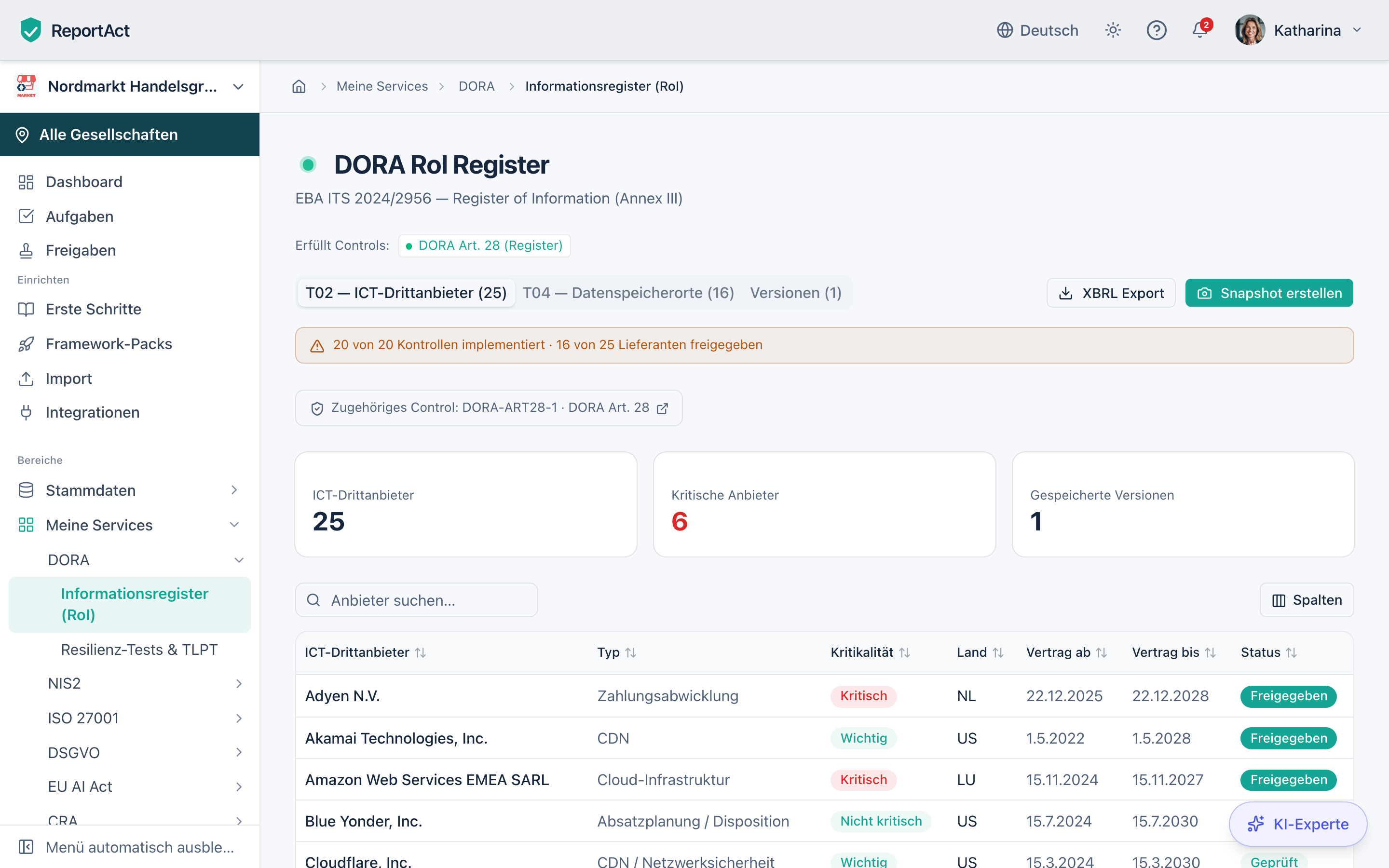 DORA-Informationsregister mit Kritikalität je IKT-Drittanbieter in ReportAct