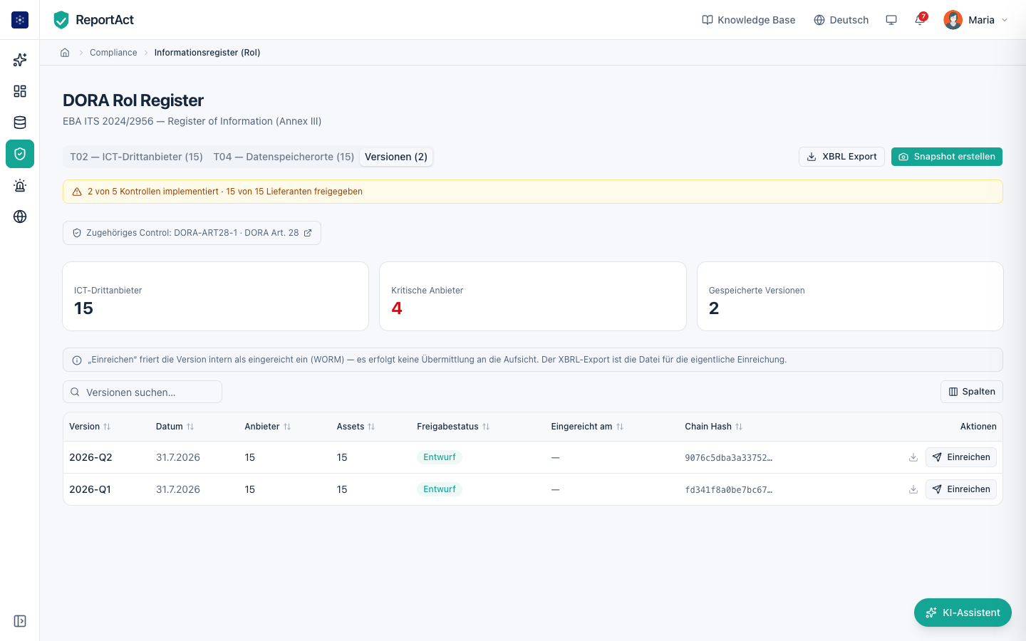Versionierte RoI-Snapshots mit Chain-Hash zur Einreichung in ReportAct