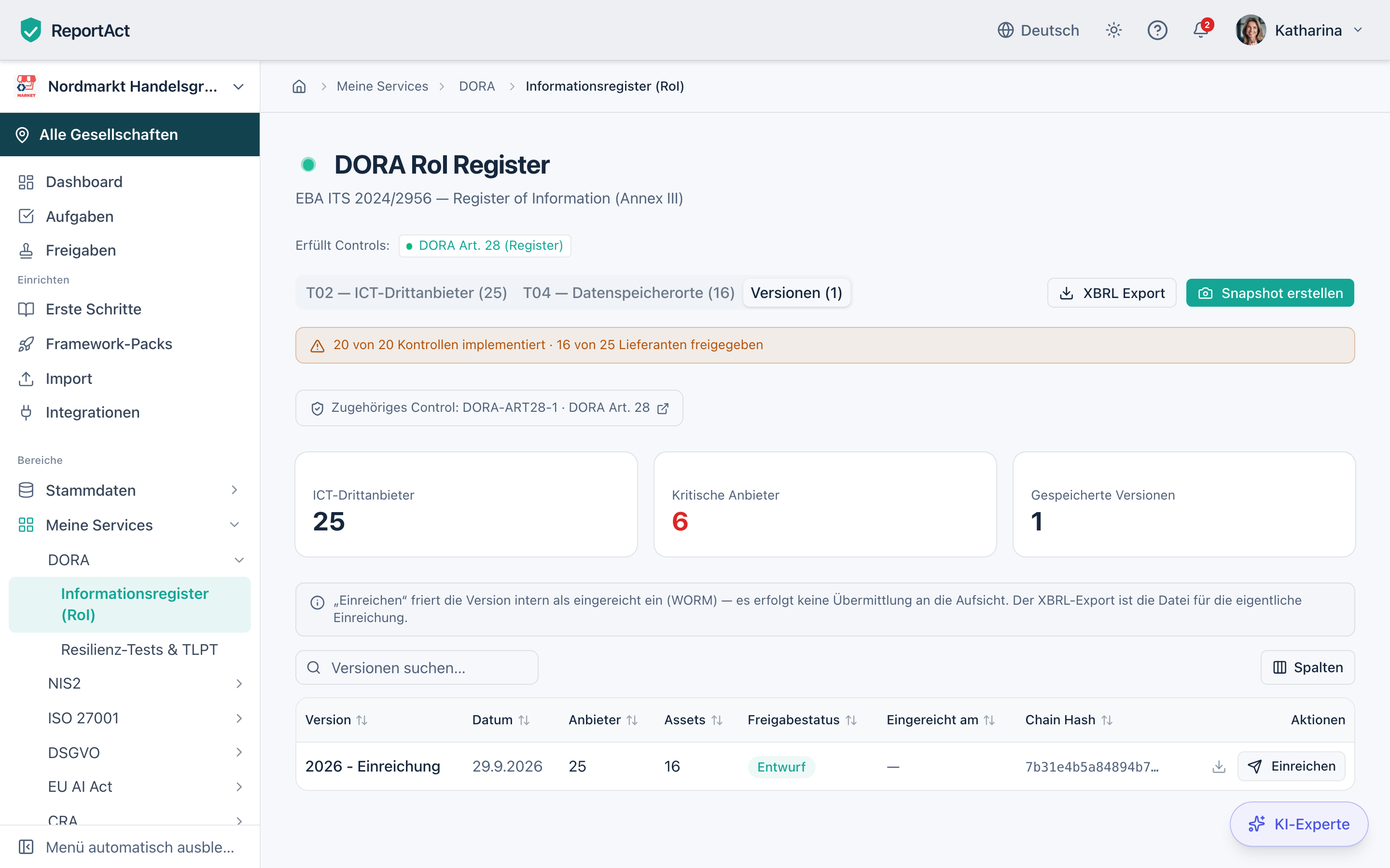 Versionierte RoI-Snapshots mit Chain-Hash zur Einreichung in ReportAct