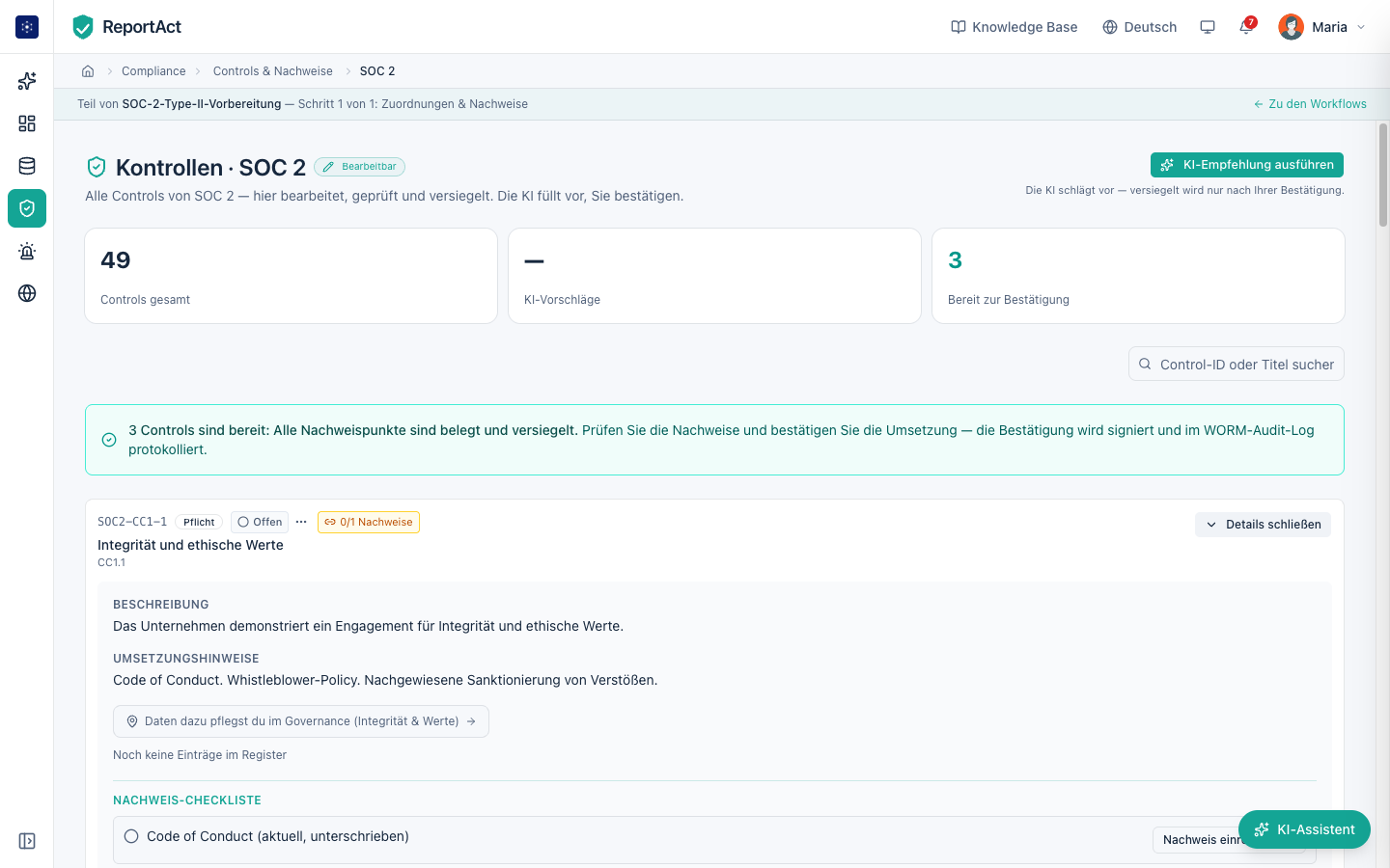 Nachweis-Checkliste je SOC-2-Control in ReportAct