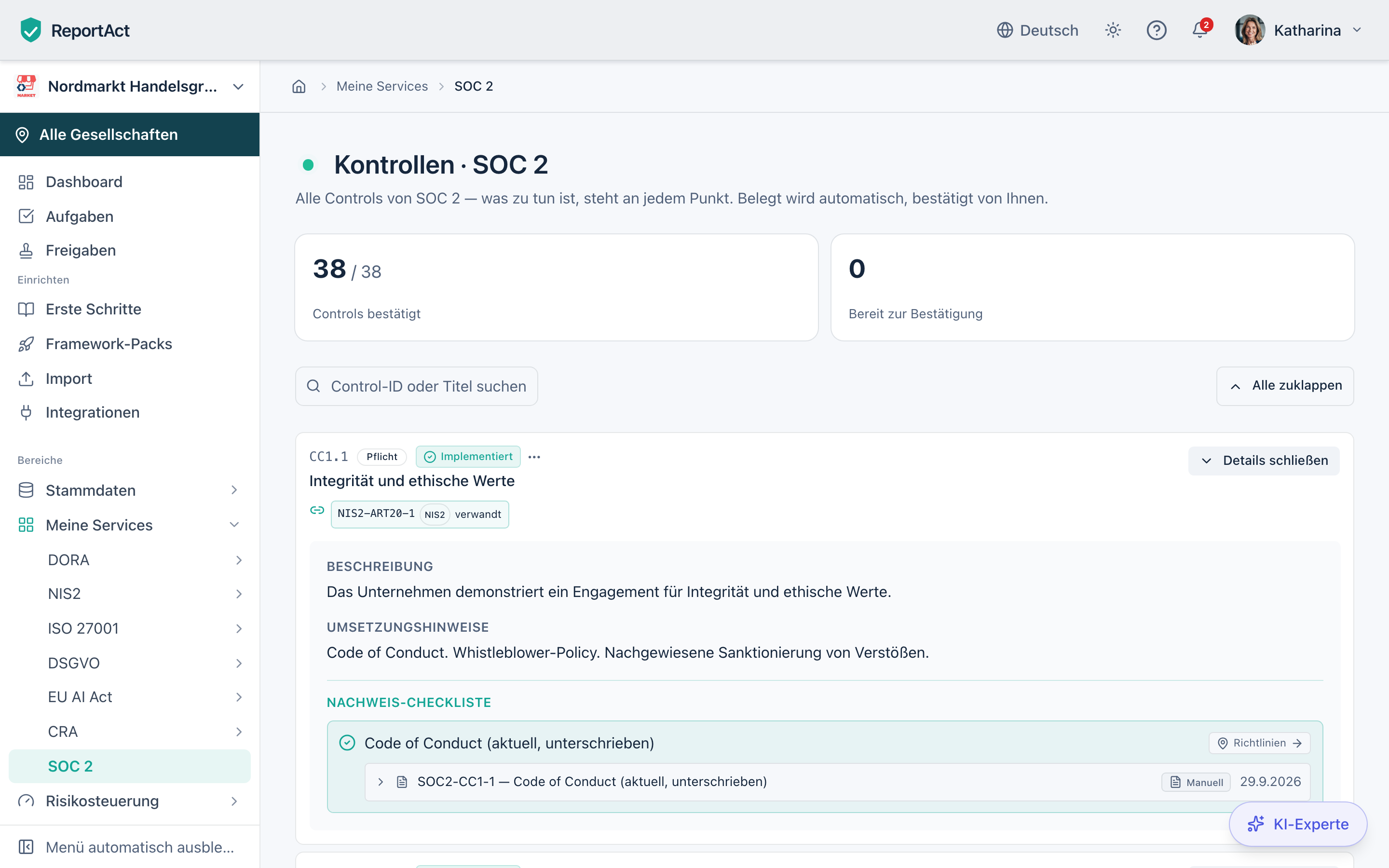Nachweis-Checkliste je SOC-2-Control in ReportAct