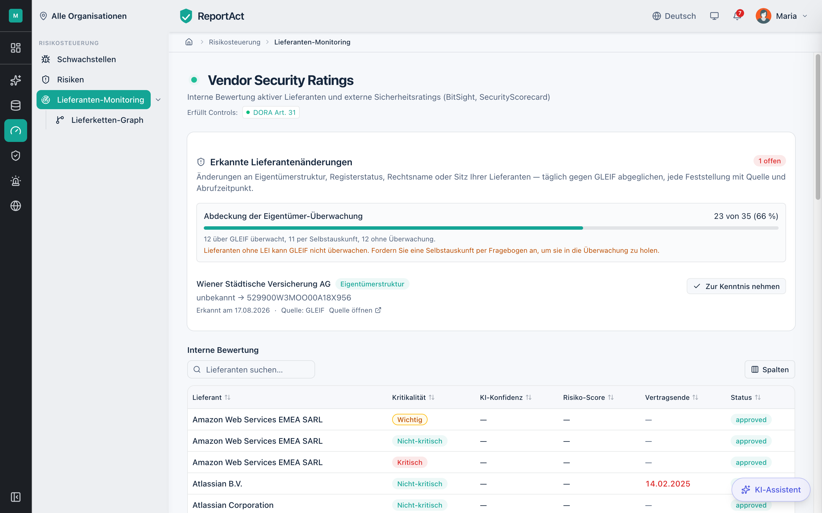 Detected supplier changes with source, retrieval time and visible coverage rate