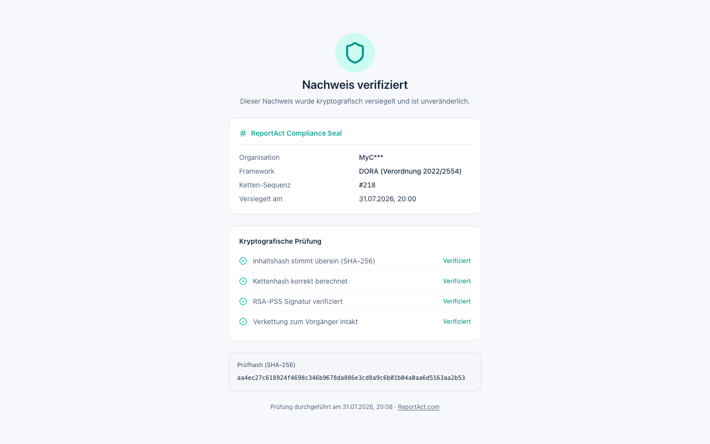Öffentliche Verifikationsseite eines versiegelten Nachweises in ReportAct